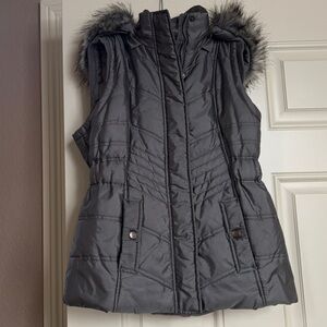 New York & Company Gray Puffer Vest with Faux Fur Hood